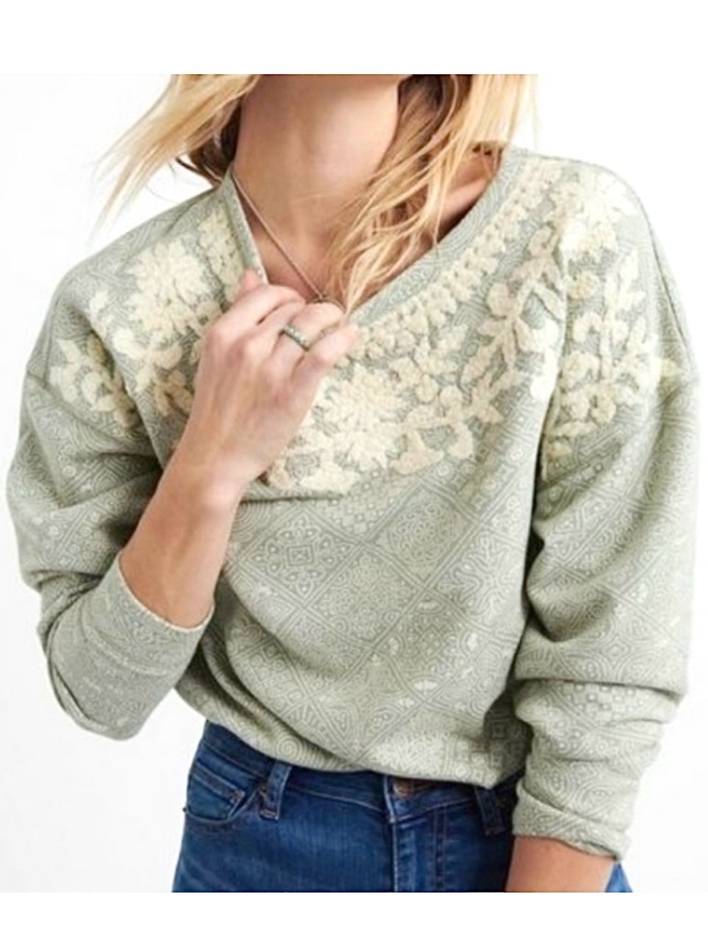 LUCKY BRAND Green & Cream Floral Embroidered French Terry Pullover Size Medium